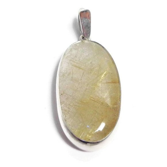 Golden Rutilated Quartz 925 Silver Pendant, Natural HIGH Quality Rutile Quartz - Picture 1 of 6
